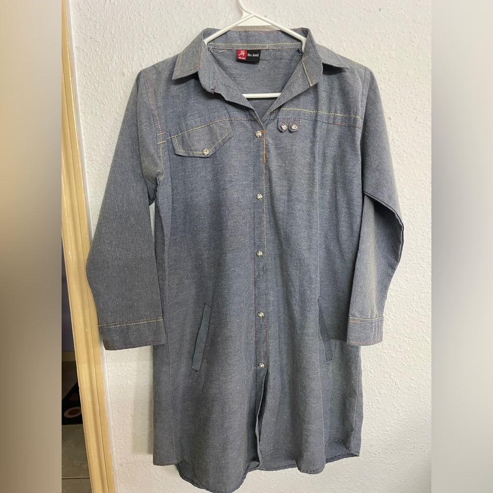 Dark gray denim long top for women.